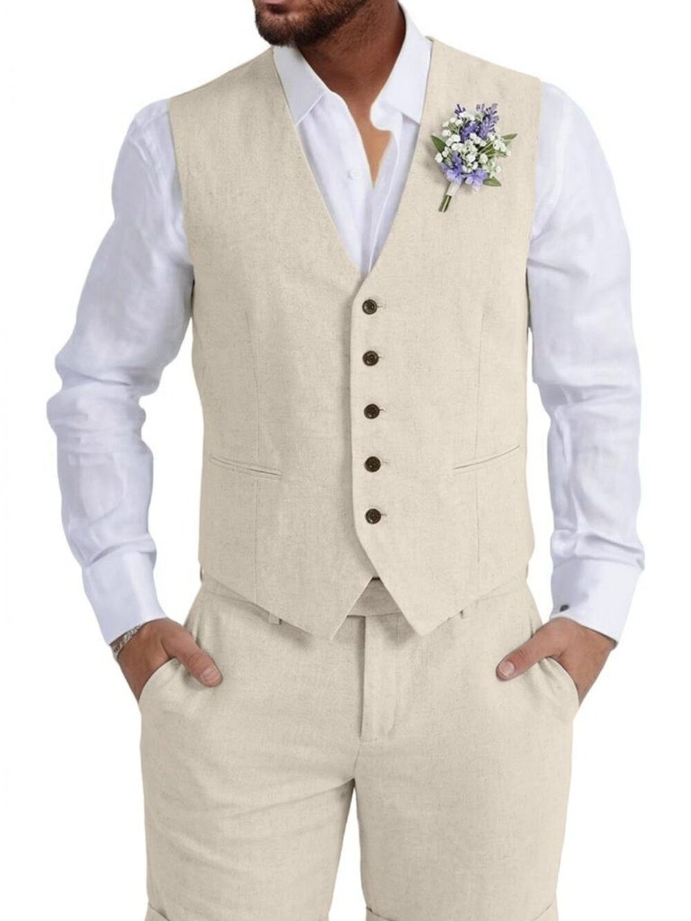 2 pc  Men Casual Summer Beach Wedding Suit Linen Beige 3XL  N4789